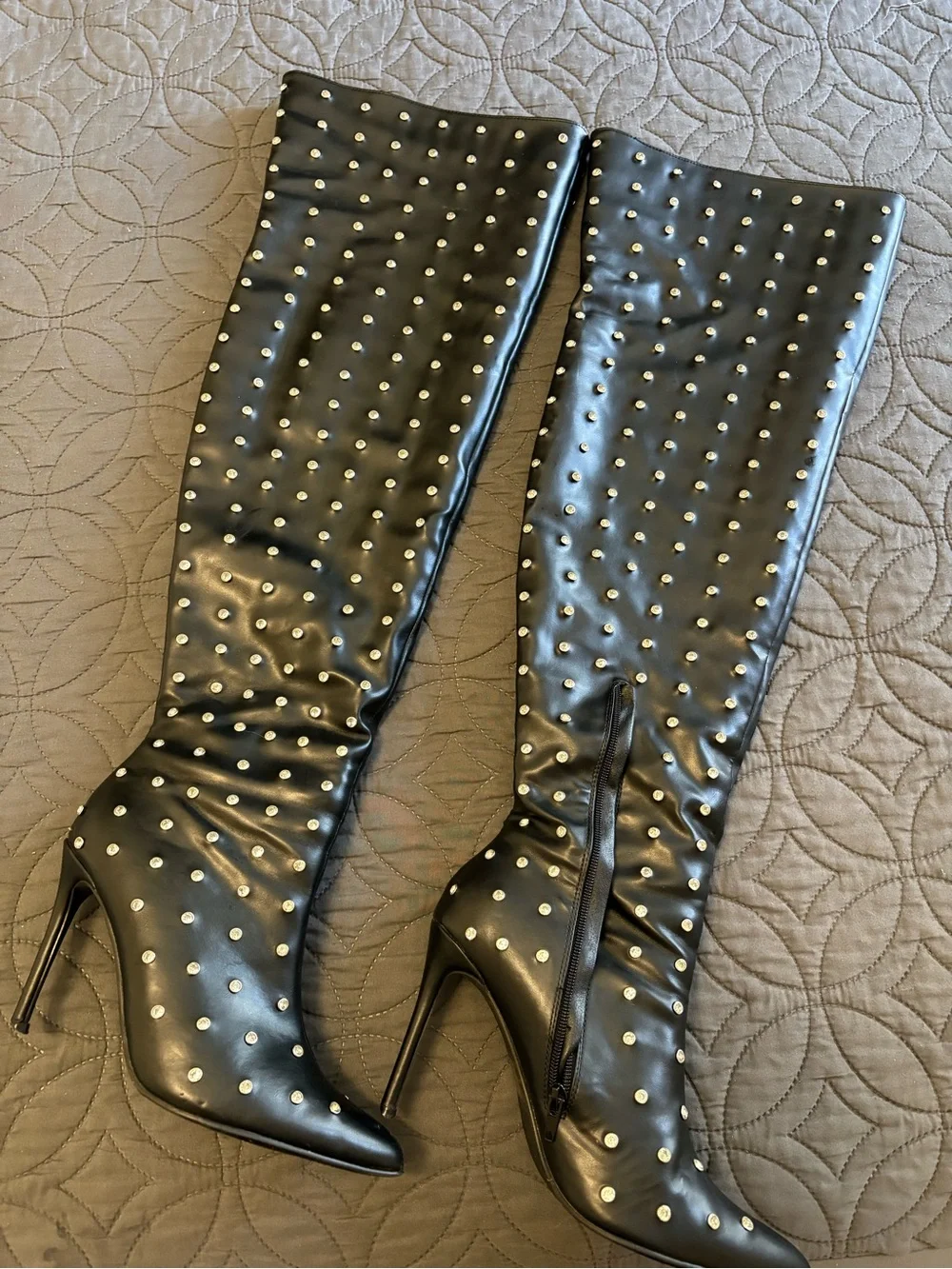 Black Studded Over-the-Knee Stiletto Boots